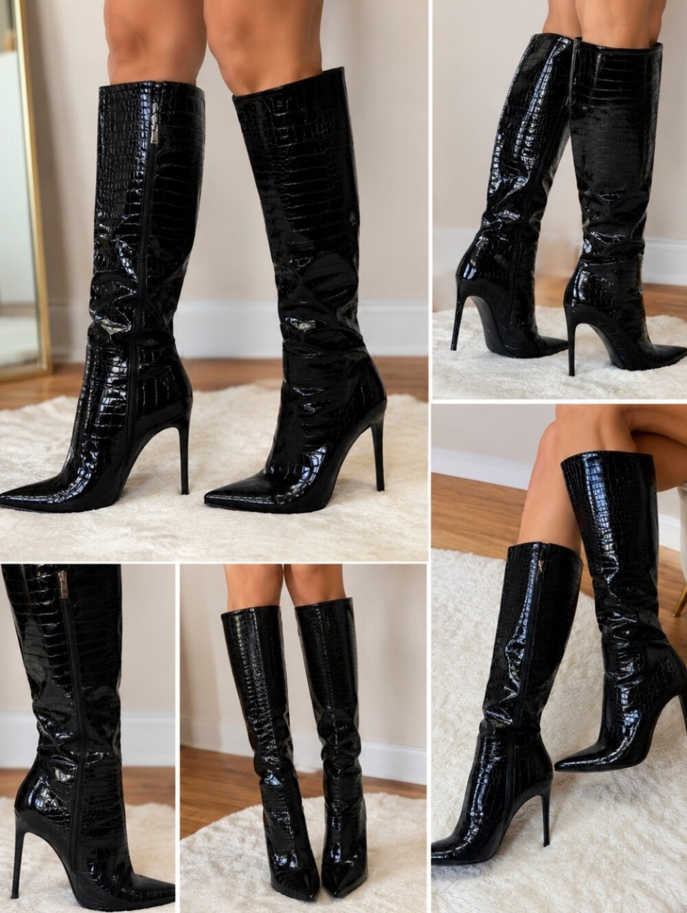 Black Patent Croc Embossed Knee High Stiletto Boots Pointed Toe 9.5